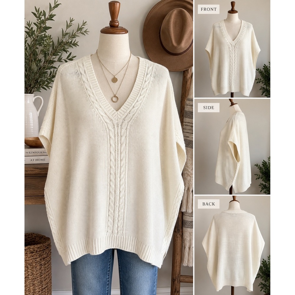Talbots Ivory Cable Knit V-Neck Poncho Sweater 
L NWT Transitional Oversize
